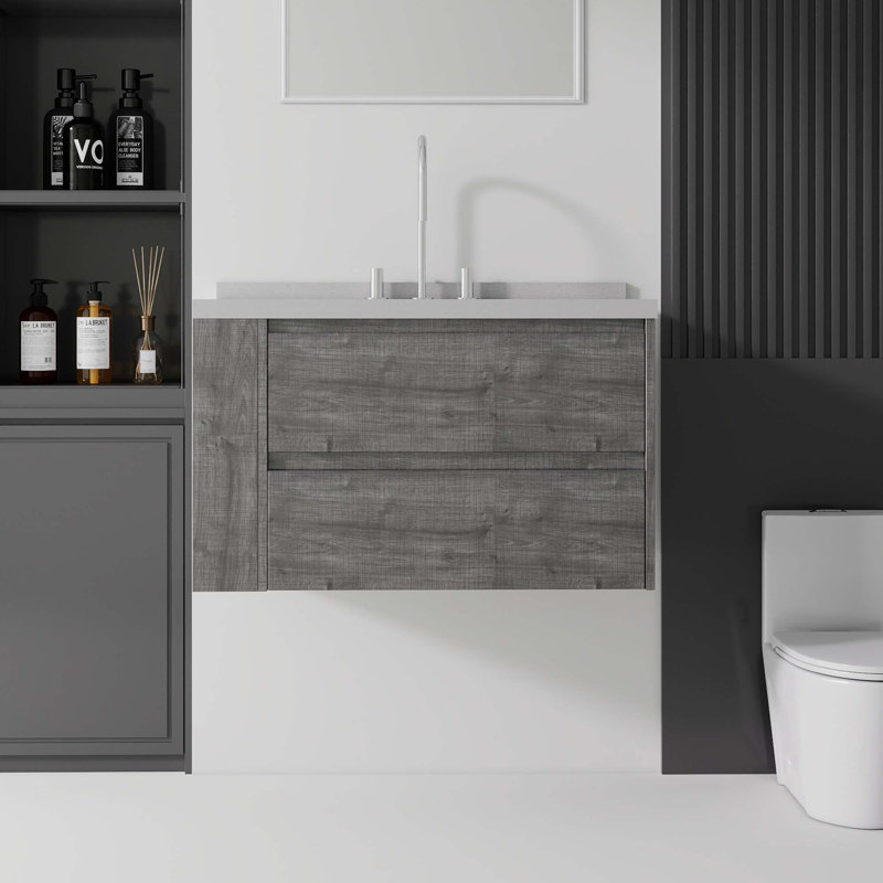 Meuble-lavabo flottant avec tiroir à fermeture en douceur et comptoir en marbre de culture, Grey
