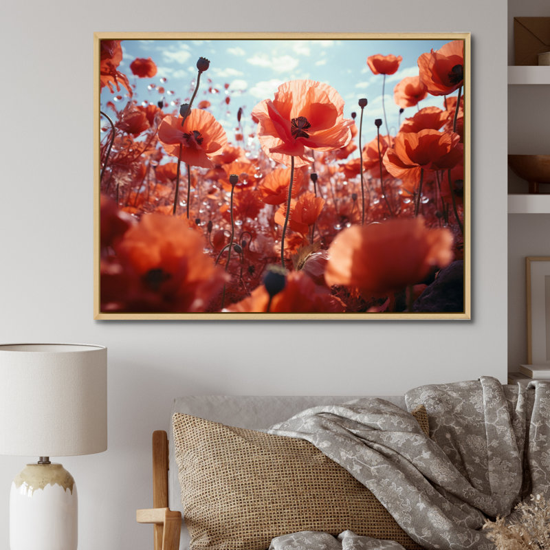 Fleurs rouges et bleues dansant coquelicots I - impression, H 30 po x l 40 po, Cadre naturel flottant