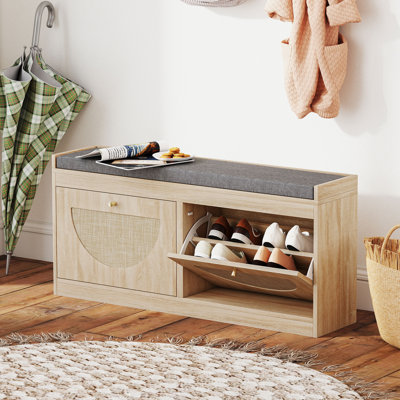 Shoe Bench with Flip Doors, Boho Entryway Bench, Natural Wood