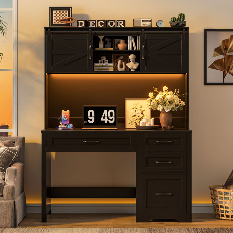 Bureau de direction Farmhouse avec huche et 4 tiroirs, Noir