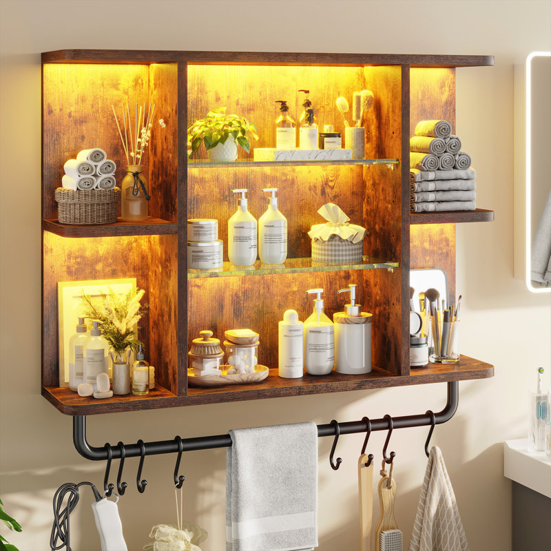 33.4" Wide Wall Mounted Floating Shelf With Glass Shelves & Metal Hooks, Rustic Brown