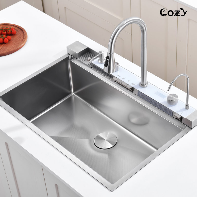 Évier de cuisine 33 po à cuve simple encastrable en acier inoxydable avec station de travail à affichage numérique - pulvérisateur rétractable, laveuse à coupelle sous pression