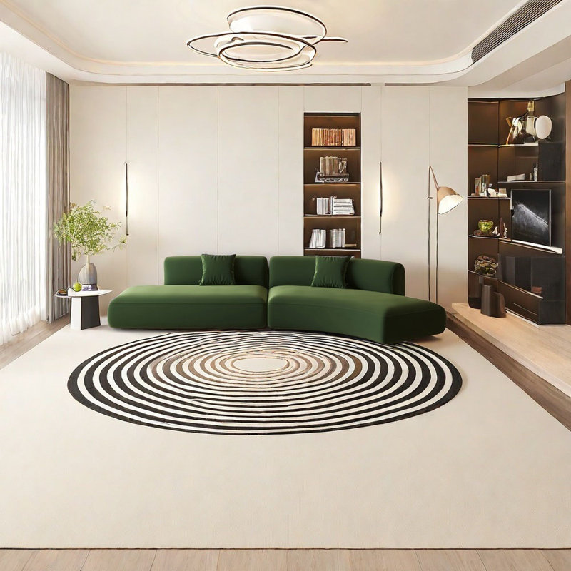Demi-cercle vert olive avec canapé incurvé, H 27,56 po x l 133,86 po x P 25,59 po