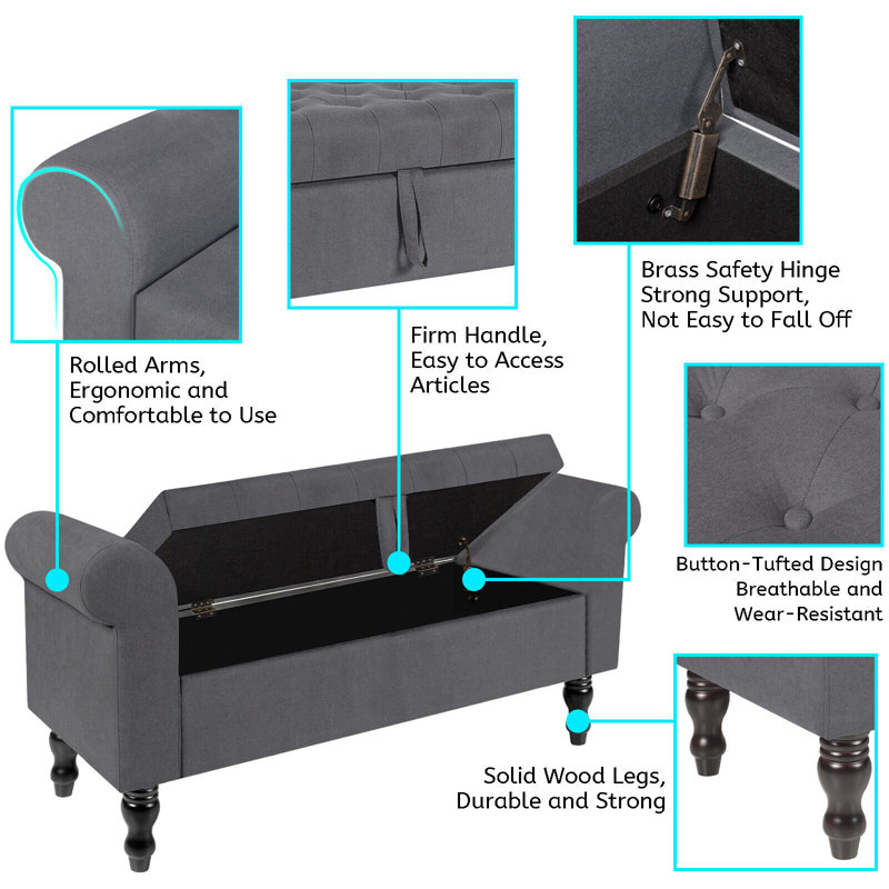 Gray Upholstered Storage Bench with Rolled Arms and Solid Wood Legs