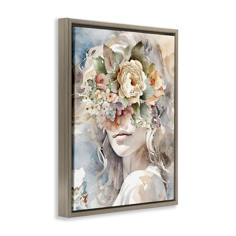 Portrait floral de fille, H 21 po x l 17 po, Cadre flottant orme Montalcino