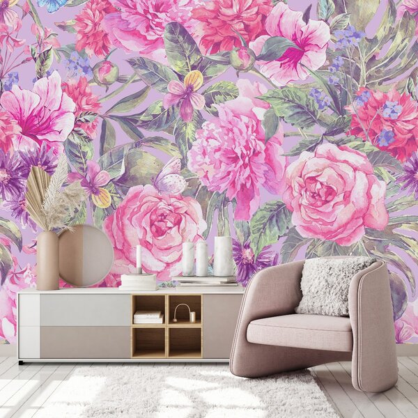 Red Barrel Studio® Pink Wallpaper With Pink Flowers Floral Panel | Wayfair