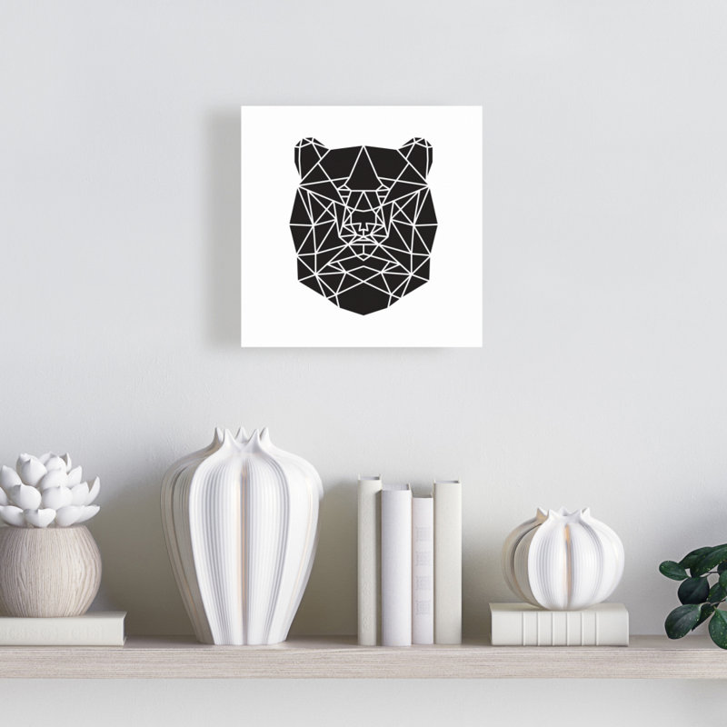 Tête d'ours géométrique | Toile blanche pour décoration de salon, H 8 po x l 8 po
