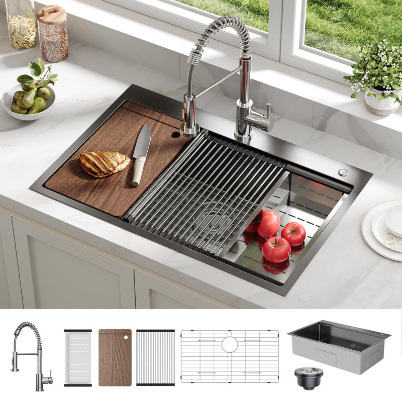 33 x 22 x 9 Inch Drop-In Kitchen Sink, Single Bowl Topmount w/ Pull-Out Faucet, Cutting Board, Dish/Drying Rack, Black
