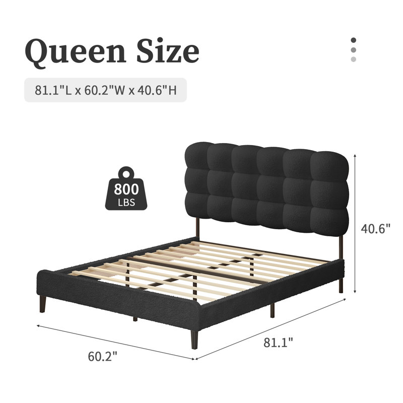 Aadi Upholstered Headboard, Platform Bed with Strong Wooden Slats Support, Two Bed Forms Design, Black, Queen
