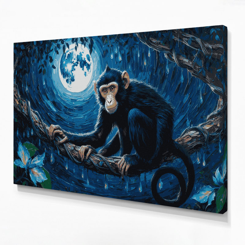 Faune, singe, nuit, art mural sur toile bleue, H 11 po x l 14 po
