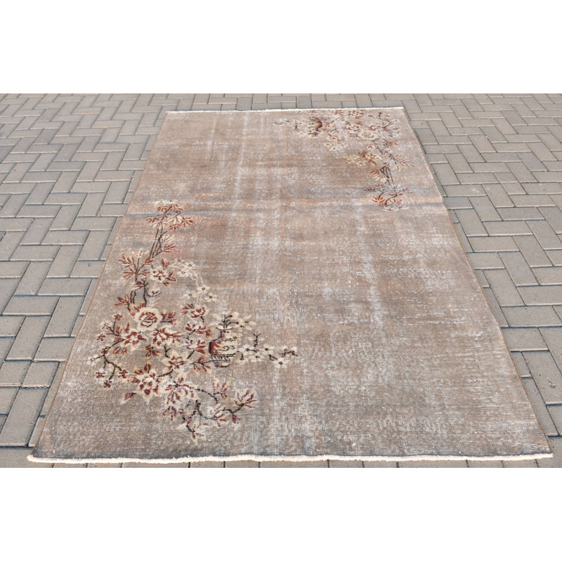 Anatolian Inspired Turkish Wool Rug with Floral Design for Living Room Floor Decor and Home Aesthetics in Brown