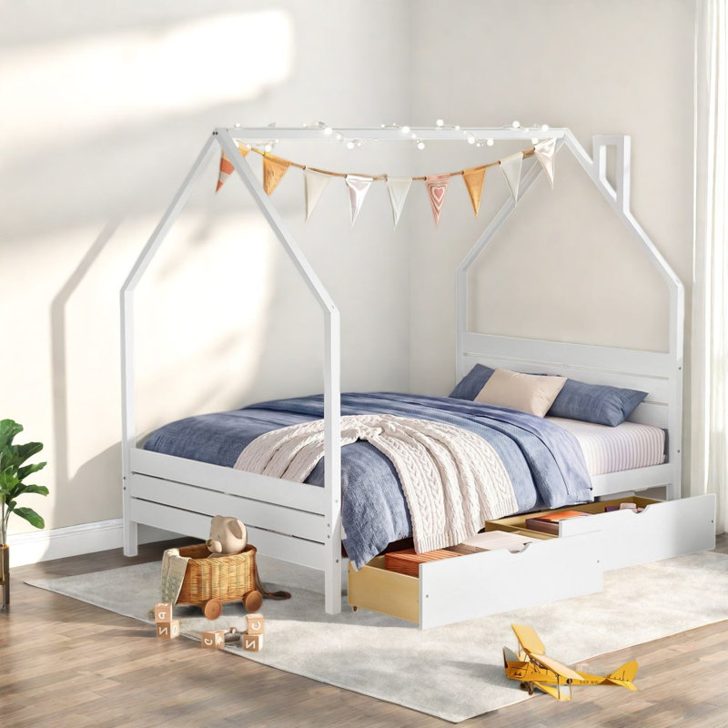 Lits pour enfants avec 2 tiroirs de rangement Montessori, Blanc