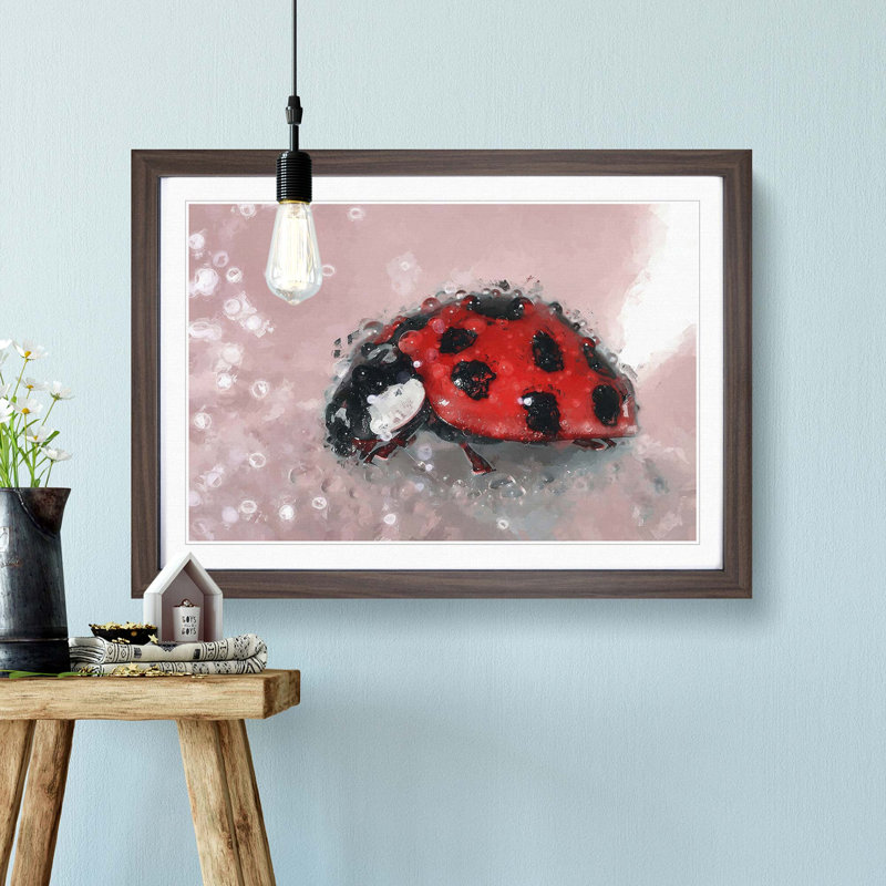 Red Ladybird Insect on a Pink Petal in Abstract - Picture Frame Painting Print, Walnut Framed, 36cm H x 48cm W x 2cm D