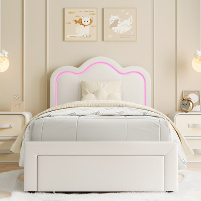 Twin Upholstered Smart LED Bed Frame with Adjustable Hill Headboard Velvet Princess Platform Bed Frame for Kids/Girls Wooden Slats Support No Box Spring Needed Beige