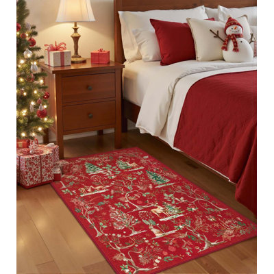 Tapis d'entrée lavable rouge 2 x 3 pi, tapis de cuisine doux antidérapant à motif de wapiti de sapin de Noël, tapis décoratif de Noël pour l'entrée de la salle de bain
