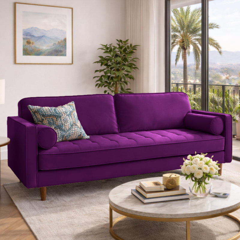 Alden 70" Square Arm Velvet Sofa, Purple