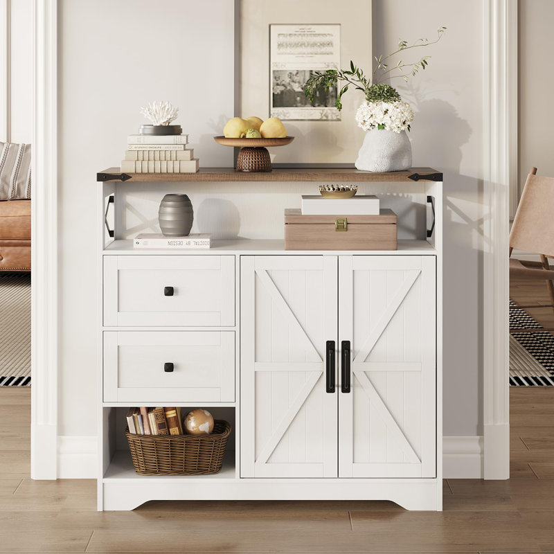 Armoire de rangement Farmhouse avec tiroirs et rangement ouvert, Blanc