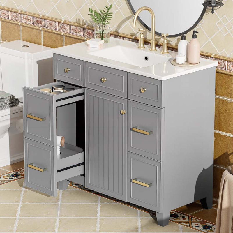 Meuble-lavabo 36 po avec lavabo en céramique, Gris