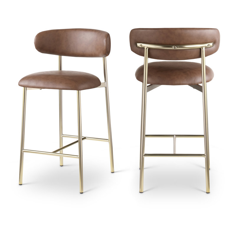 Tabouret de comptoir Lupita, Or brossé, Cuir brun végétalien