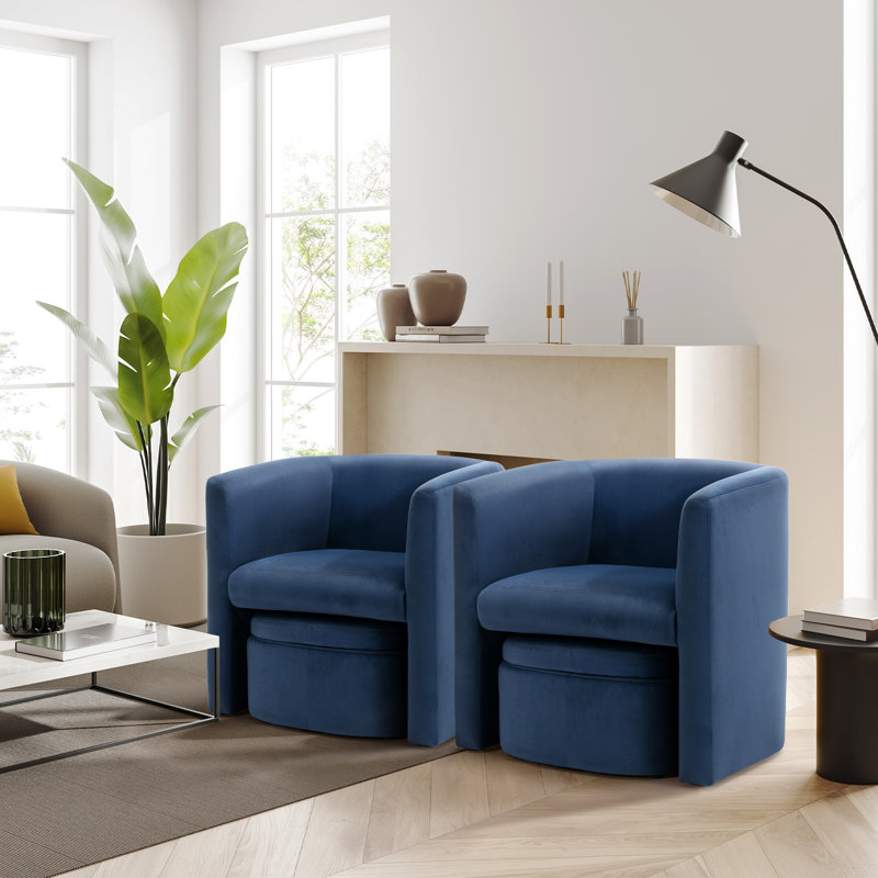 Kyah Upholstered Barrel Chair with Footstool, Blue Velvet