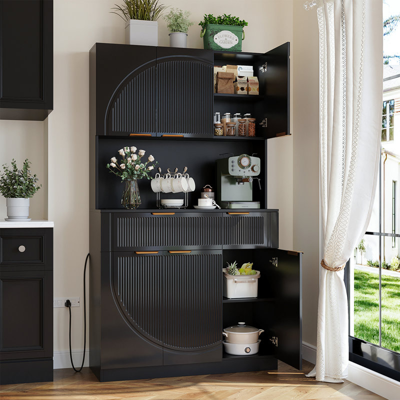 Armoire de rangement pour garde-manger de 71 po avec tiroirs et portes avec support à micro-ondes et prises de courant pour le salon