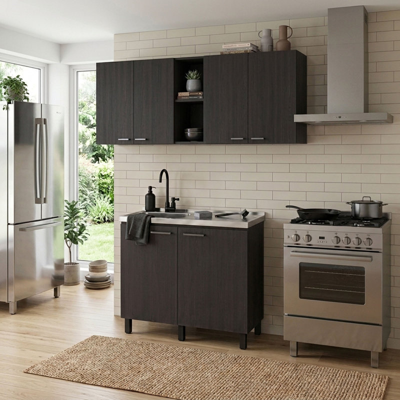 Ensemble de meubles utilitaires Haven 39,3 po (100 cm) de largeur, en bois fabriqué, comprenant un meuble haut et un meuble bas avec rangement – ​​Wengé