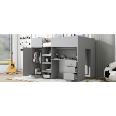 Lit mezzanine double en bois gris avec garde-robe, bureau et nombreux espaces de rangement intégrés - Maximisation de l'espace