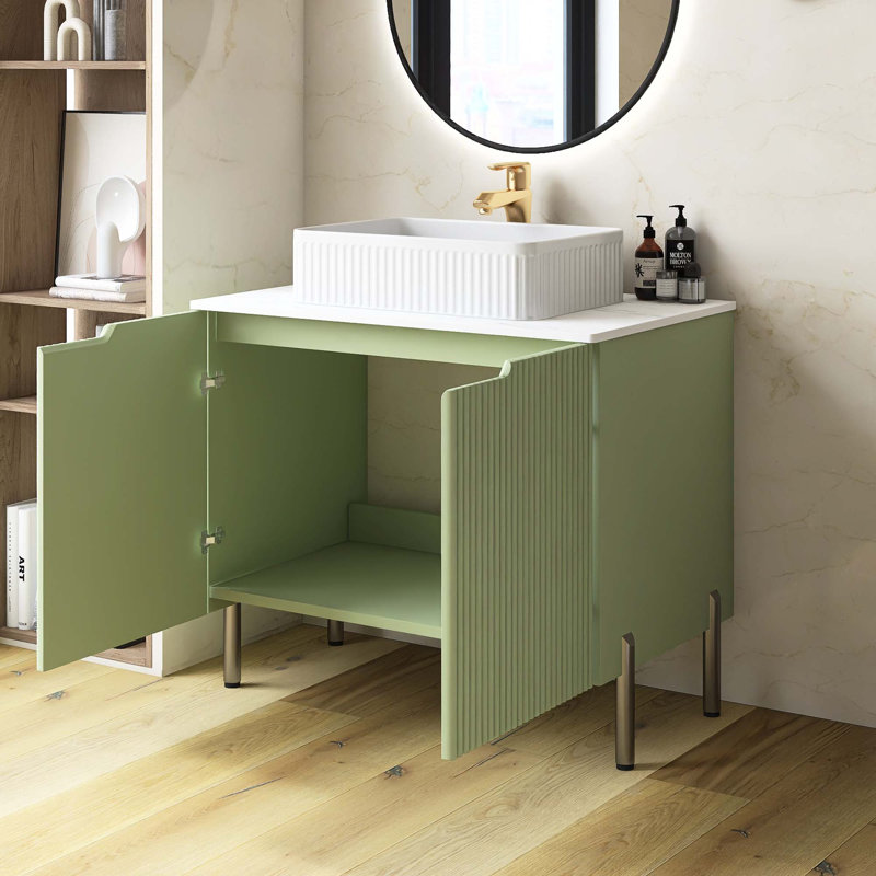 Meuble-lavabo autoportant avec lavabo et portes en céramique, comptoir blanc Carrara, Vert