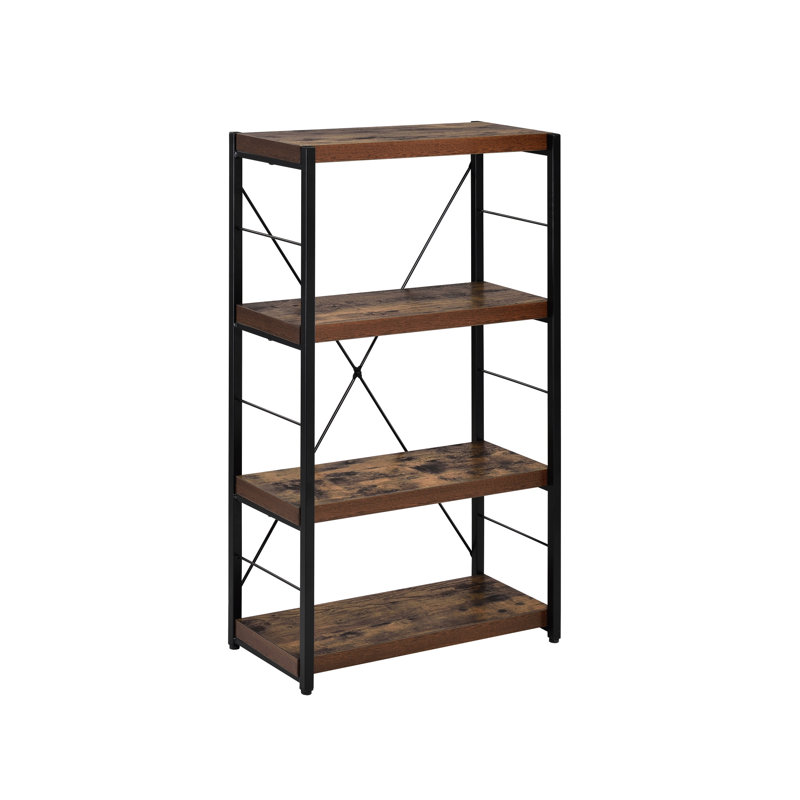 3 4-Shelf Weathered Oak & Black Bookshelf, Metal Legs For Stable Storage Top And Leg Shoes