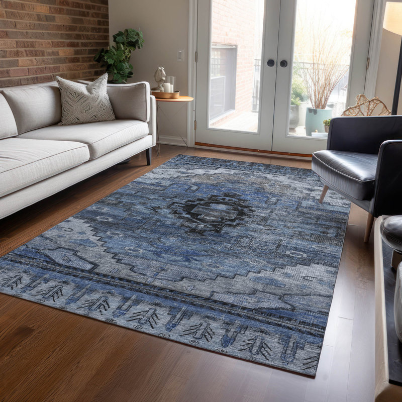 Tapis bleu intérieur / extérieur lavable à la machine Xhevrie, Rectangle 9 pi x 12 pi