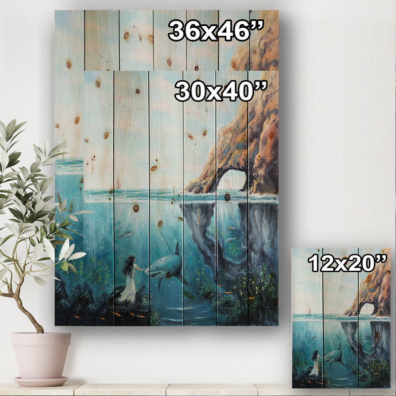 Fée sous-marine et requin océan et montagne - impression sur bois naturel, H 32 po x l 24 po x P 1 po