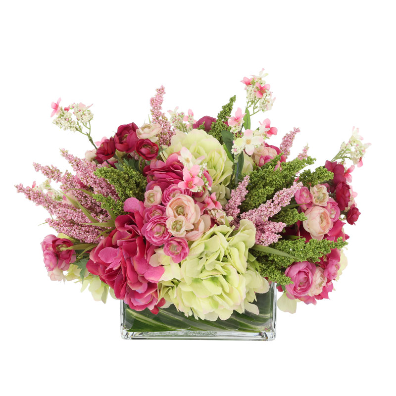 Hydrangea, Heather and Ranunculus Arranged in Rectangular Vase