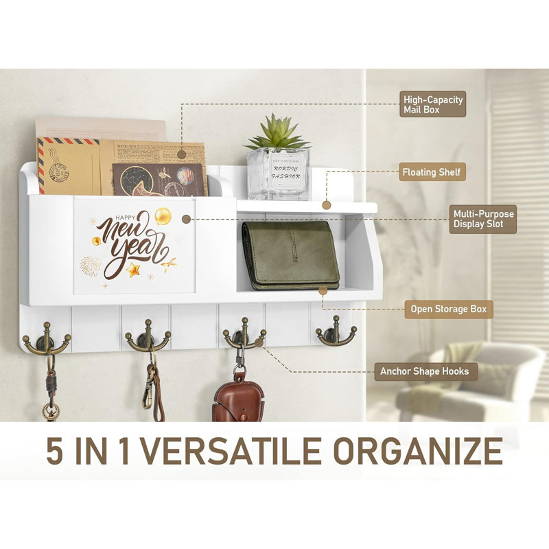 White Painted Wood Wall Organizer with Brass Key Hooks