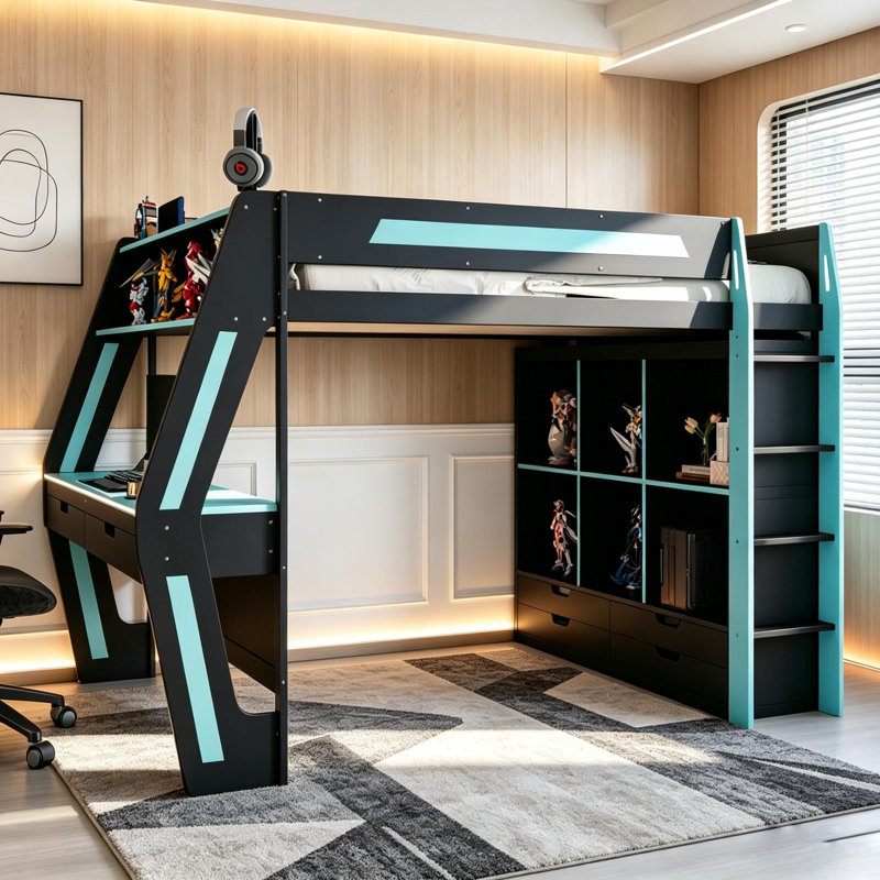 Full Size Gaming Loft Bed With Built-In Lighted Desk, 6 Storage Drawers And Bookcase, Blue