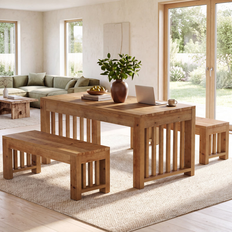 3-Piece Solid Wood Dining Table Set with Bench
