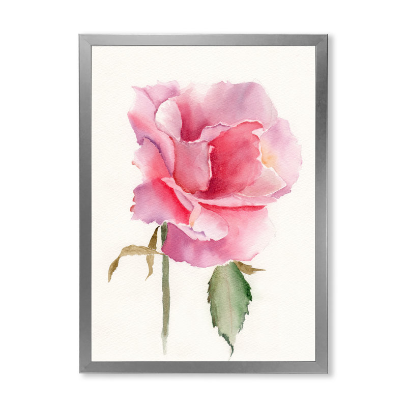 Fleur rose vif rétro - peinture sur toile, H 20 po x l 12 po x P 1 po, Cadre photo argenté