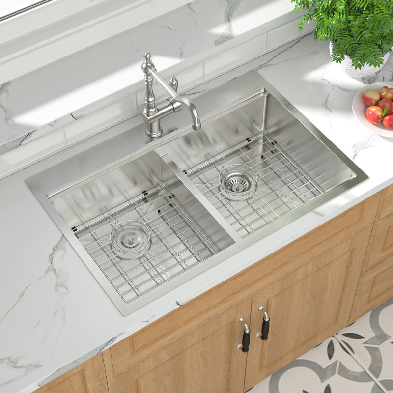 36"L x 22"W Drop In Workstation Kitchen Sink 16 Gauge Stainless Steel Topmount Double Bowl(50/50) Kitchen Sink, 36"L x 22"W