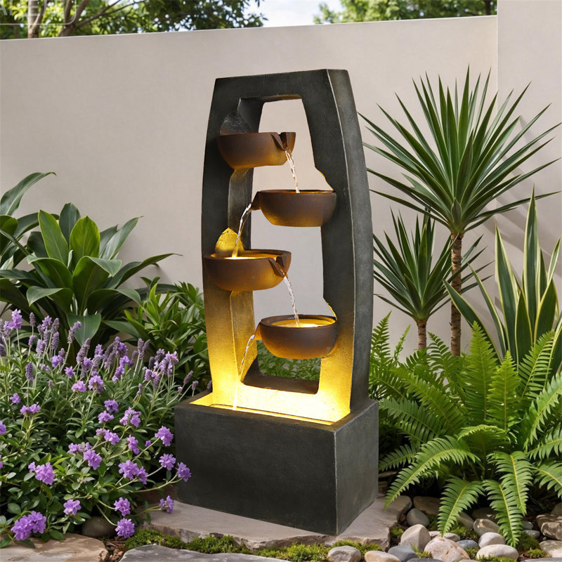 Outdoor Rock Water Fountain with Lights Multi Tier Cascading Waterfall Resin Garden Fountain for Patio Yard Porch Landscape