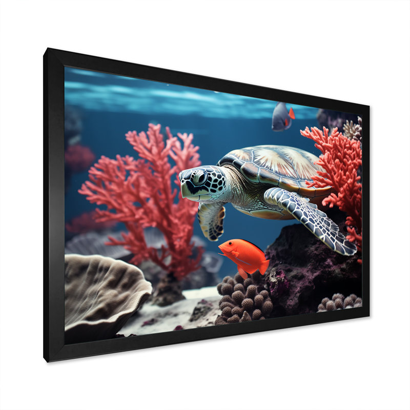 Reproduction sur toile monochrome, corail et tortue grise, Cadre d'angle fermé noir, H 12 po x l 20 po x P 1 po