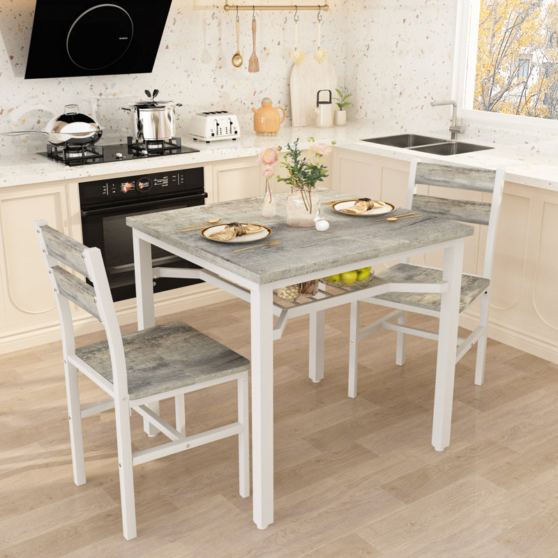 3 Piece Dining Table Set For 2 With Built-In Storage Rack, Small Wooden Kitchen Table & 2 Backrest Chairs With Metal Frame, Farmhouse Square Dinette Set For Small Space Dining Room, Apartment