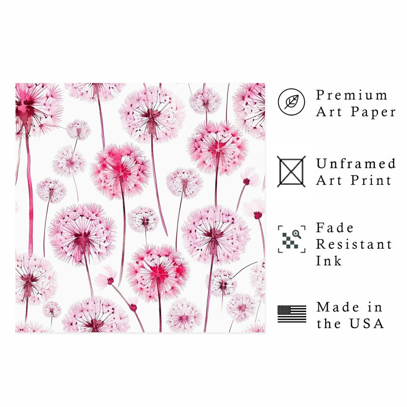 «Botanical Pink Dandelions VII», reproduction d'art moderne sans cadre, H 14 po x l 14 po