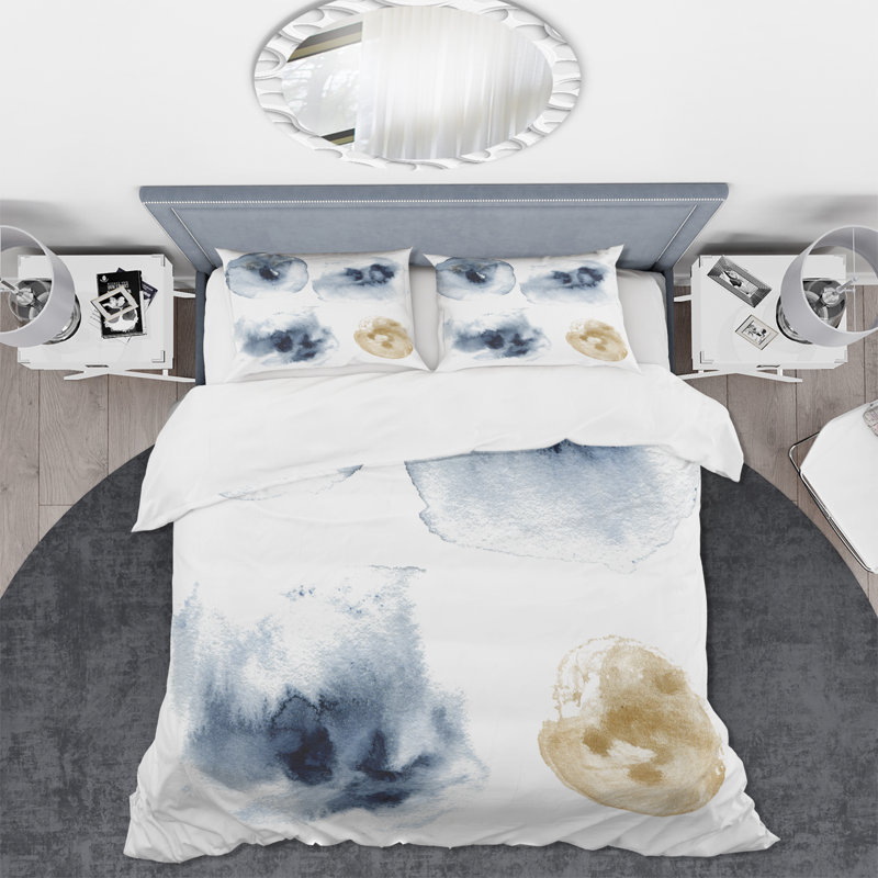 Ensemble de housse de couette en microfibre bleu foncé / or / blanc, Housse de couette pour grand lit et 2 taies décor