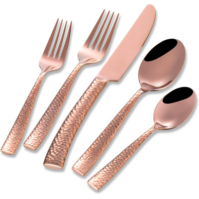 20-Piece Hammered Flatware Set In Rose Gold, Stainless Steel Cutlery Set With Mirror Finish, Service For 4 Includes Knives, Forks, Spoons, And Teaspoons