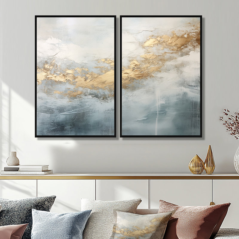 Beige bleu or océan tempête V - impressions sur toile dorées, H 36 po x l 48 po, Impression encadrée flottante, Noir