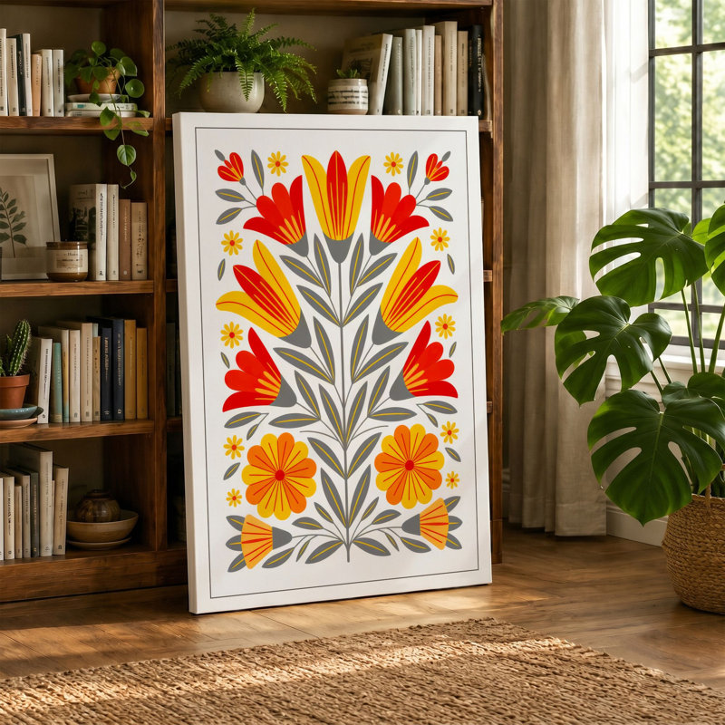 Symmetrical Study Botanical 1 Piece Wrapped Canvas Wall Art, 36x24 - 91.4 x 61.0 cm, Teal Border