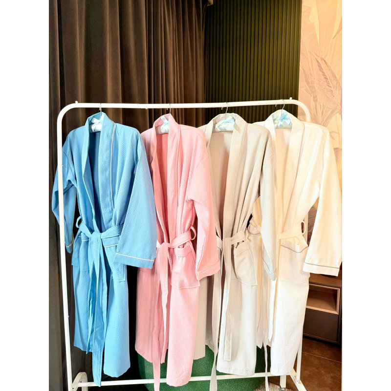 Peignoir unisexe en coton gaufré bleu petit, M, Blanc