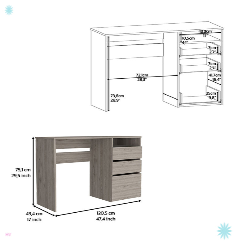 Bureau d'ordinateur 3 tiroirs Modern avec une tablette
