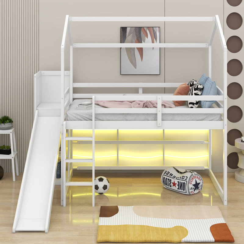 Lit mezzanine simple en bois avec tablettes et lumière, Blanc