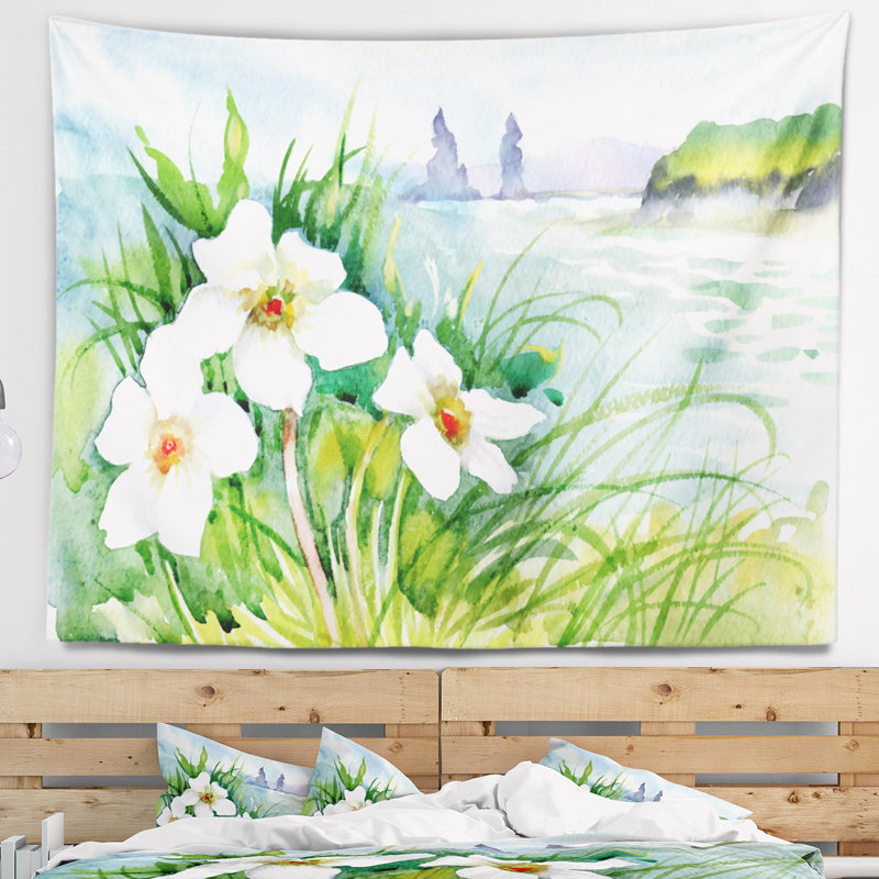 Paysage avec fleurs en fleurs sur une tapisserie de rivière d'été, H 32 po x l 39 po