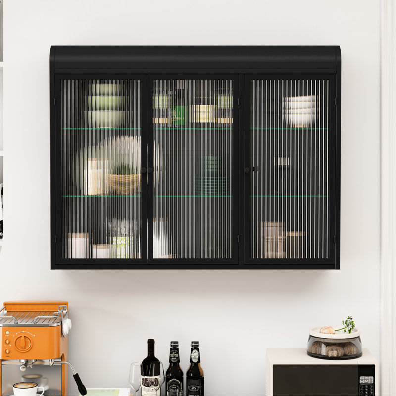 Black Wall Mounted Cabinet With 3 Arched Glass Doors - Elegant For Dining Rooms, Bathrooms & Kitchens, Spacious Storage, Build, Simple Installation Manual Provided Door Addition To Any Room,
